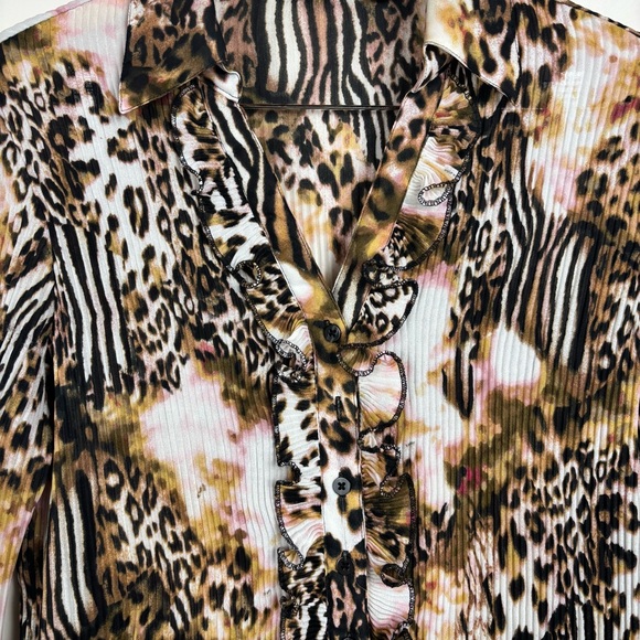SIONI Women’s Pleated Animal Print Blouse XL Y2K Mobwife Ruffles - Picture 3 of 11